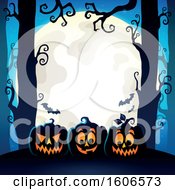 Poster, Art Print Of Halloween Forest And Jackolantern Pumpkin Background With A Full Moon And Bats
