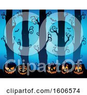 Poster, Art Print Of Spooky Blue Halloween Forest With Bats And Jackolantern Pumpkins