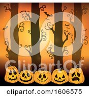 Poster, Art Print Of Spooky Orange Halloween Forest With Bats And Jackolantern Pumpkins