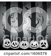 Clipart Of A Spooky Grayscale Halloween Forest With Bats And Jackolantern Pumpkins Royalty Free Vector Illustration