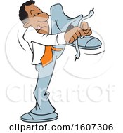 Clipart Of A Cartoon Black Man Tying His Shoe The Hard Way Royalty Free Vector Illustration by Johnny Sajem