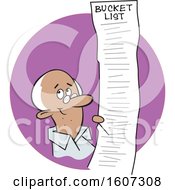 Cartoon Black Senior Man With A Long Bucket List In A Purple Circle