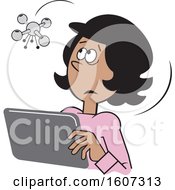 Clipart Of A Cartoon Drone Hovering Over A Black Woman Using A Tablet Royalty Free Vector Illustration by Johnny Sajem