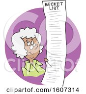 Cartoon Black Senior Lady With A Long Bucket List In A Purple Circle