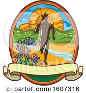 Poster, Art Print Of Silhouetted Male Country Marathon Runner In An Oval With An Ammonite Bluebells And A Stream