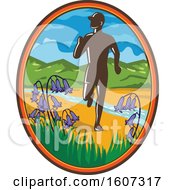 Clipart Of A Silhouetted Male Country Marathon Runner In An Oval With Bluebells And A Stream Royalty Free Vector Illustration