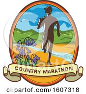 Clipart Of A Silhouetted Male Country Marathon Runner In An Oval With Bluebells A Banner And A Stream Royalty Free Vector Illustration
