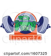 Poster, Art Print Of Muscular Alligator Man Mascot Lifting A Heavy Barbell Over A Banner
