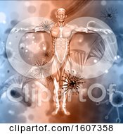 Clipart Of A 3D Medical Background With Male Figure With Virus Cells And DNA Strand Royalty Free Illustration