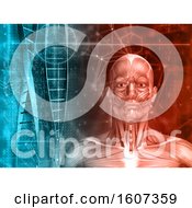 Clipart Of A 3D Medical Background With Male Figure DNA Strands And Code Royalty Free Illustration