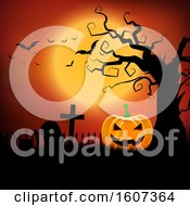 Clipart Of A Halloween Pumpkin Under A Bare Tree In A Cemetery With An Orange Full Moon And Bats Royalty Free Vector Illustration