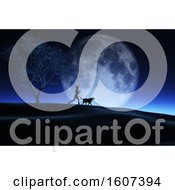 Clipart Of A 3d Silhouetted Female Runner And Dog Against A Full Moon At Night Royalty Free Illustration by KJ Pargeter
