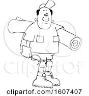 Cartoon Lineart Black Male Carpet Layer Carrying A Roll And Trowel