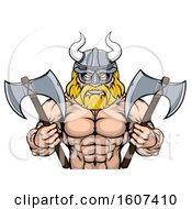 Clipart Of A Muscular Shirtless Blond Male Viking Warrior Holding Axes From The Waist Up Royalty Free Vector Illustration by AtStockIllustration