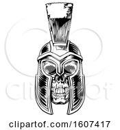 Clipart Of A Black And White Skull Wearing A Trojan Spartan Helmet Royalty Free Vector Illustration
