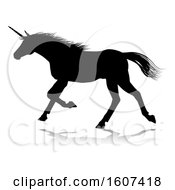 Poster, Art Print Of Black Silhouetted Unicorn Horse With A Reflection Or Shadow On A White Background