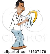 Cartoon Black Man Unhappily Drying Dishes