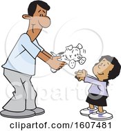 Poster, Art Print Of Cartoon Happy Black Father Giving His Daughter A Puppy Dog