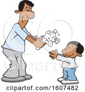 Poster, Art Print Of Cartoon Happy Black Father Giving His Son A Puppy Dog