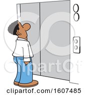 Cartoon Black Business Man Waiting For An Elevator