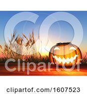 Poster, Art Print Of 3d Render Of A Halloween Pumpkin On A Wooden Table Against A Sunset Sky