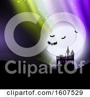 Halloween Background With Spooky House Against Sky With Northern Lights