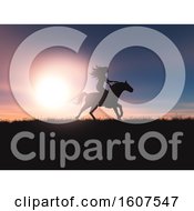 Poster, Art Print Of 3d Render Of A Female Riding Her Horse In A Sunset Landscape