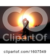 Clipart Of A 3D Render Of A Silhouette Of A Loving Couple Against A Tropical Sunset Landscape Royalty Free Illustration