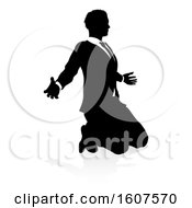 Clipart Of A Silhouetted Business Man Kneeling And Worshiping With A Shadow On A White Background Royalty Free Vector Illustration