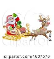 Poster, Art Print Of Christmas Santa Claus In A Flying Magic Sleigh With A Red Nosed Reindeer
