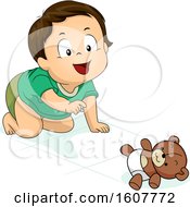 Poster, Art Print Of Kid Toddler Boy Crawl Teddy Bear Illustration