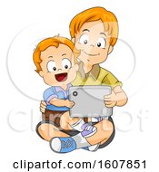 Poster, Art Print Of Kids Boy Baby Sit Brother Tablet Illustration