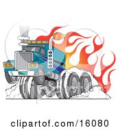 Tough Big Rig Hot Rod Truck Flaming And Smoking Its Rear Tires Doing A Burnout In Flames And A Wheelie Clipart Illustration by Andy Nortnik