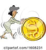 Poster, Art Print Of Cartoon Black Business Woman Getting The Ball Rolling Pushing A Dollar Coin Ball