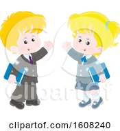 Poster, Art Print Of School Boy And Girl Waving And Holding Books