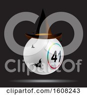 Poster, Art Print Of 3d White Bingo Lottery Ball With Halloween Hat And Bats Over Black Background
