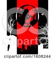 Poster, Art Print Of Halloween Black Background With Red Panel And Silhouette Of Cemetery Creepy Trees Moon And Bats