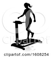 Clipart Of A Silhouetted Woman Working Out On A Treadmill With A Shadow On A White Background Royalty Free Vector Illustration