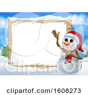 Poster, Art Print Of Happy Snowman Wearing A Christmas Santa Hat By A Blank Sign In A Winter Landscape
