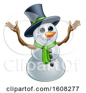 Poster, Art Print Of Welcoming Christmas Snowman Wearing A Green Scarf And A Top Hat