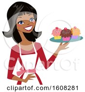Clipart Of A Happy Black Baker Woman Holding A Tray Of Cupcakes Royalty Free Vector Illustration