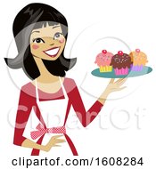 Poster, Art Print Of Happy Asian Baker Woman Holding A Tray Of Cupcakes