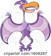 Poster, Art Print Of Cartoon Flying Purple Pterodactylus With Legs Folded