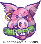 Pink Pig Mascot Face With An Earring And A Pickle In His Mouth