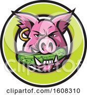Clipart Of A Pink Pig Mascot Face With An Earring And A Pickle In His Mouth In A Green Circle Royalty Free Vector Illustration