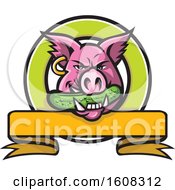 Clipart Of A Pink Pig Mascot Face With An Earring And A Pickle In His Mouth Over A Banner Royalty Free Vector Illustration