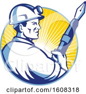 Clipart Of A Retro Male Coal Miner Holding A Fountain Pen In A Circle Of Sunshine Royalty Free Vector Illustration