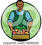 Black Male Grocer Holding A Basket Of Fresh Produce In A Creen Circle