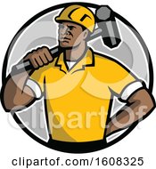 Poster, Art Print Of Retro Black Male Construction Demolition Worker With A Sledgehammer Over His Shoulder In A Circle