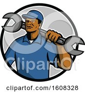 Poster, Art Print Of Black Male Mechanic With A Giant Spanner Wrench Over His Shoulder In A Circle